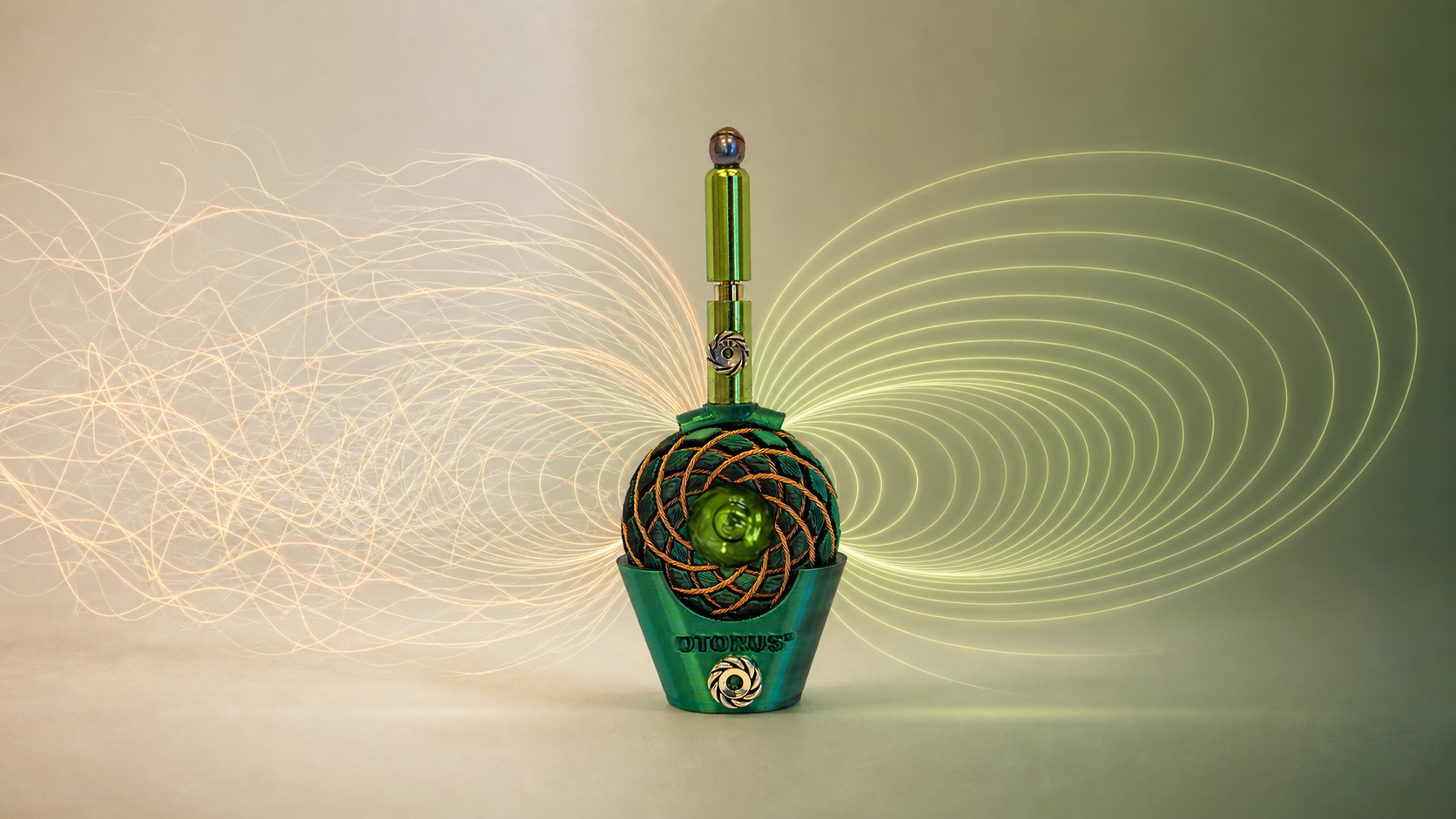 Conceptual visual showing irregular lines becoming an ordered toroidal field around an OTORUS pendant